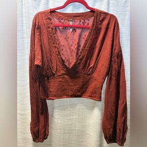 Free People  Rust V-Neck Balloon Lng Slv Boho Blouse